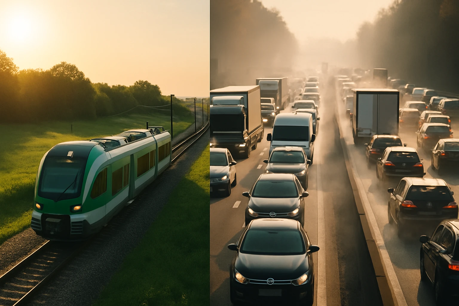 Zöld vonat halad a síneken, míg a háttérben forgalmas autópálya látható.