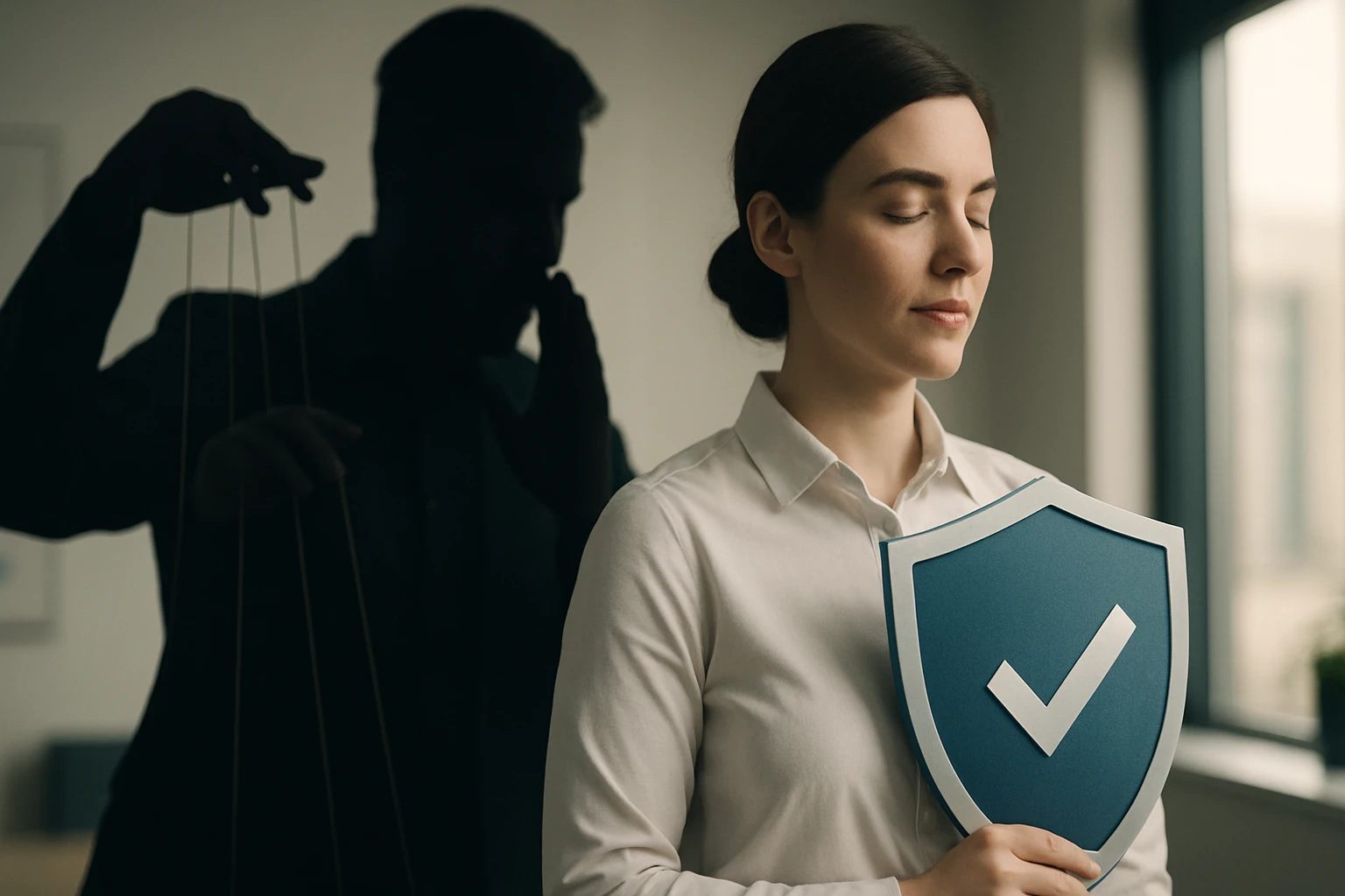 Egy nő pajzsot tart a kezében, míg egy árnyékos figura a háttérben látható.