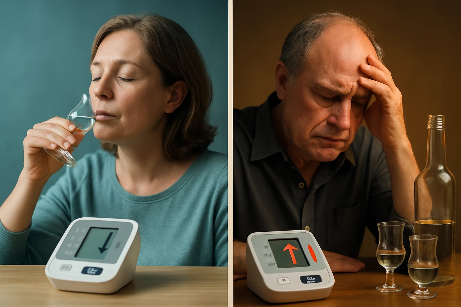 Egy nő italra készül, míg egy férfi szomorúan nézi a vérnyomásmérőt.