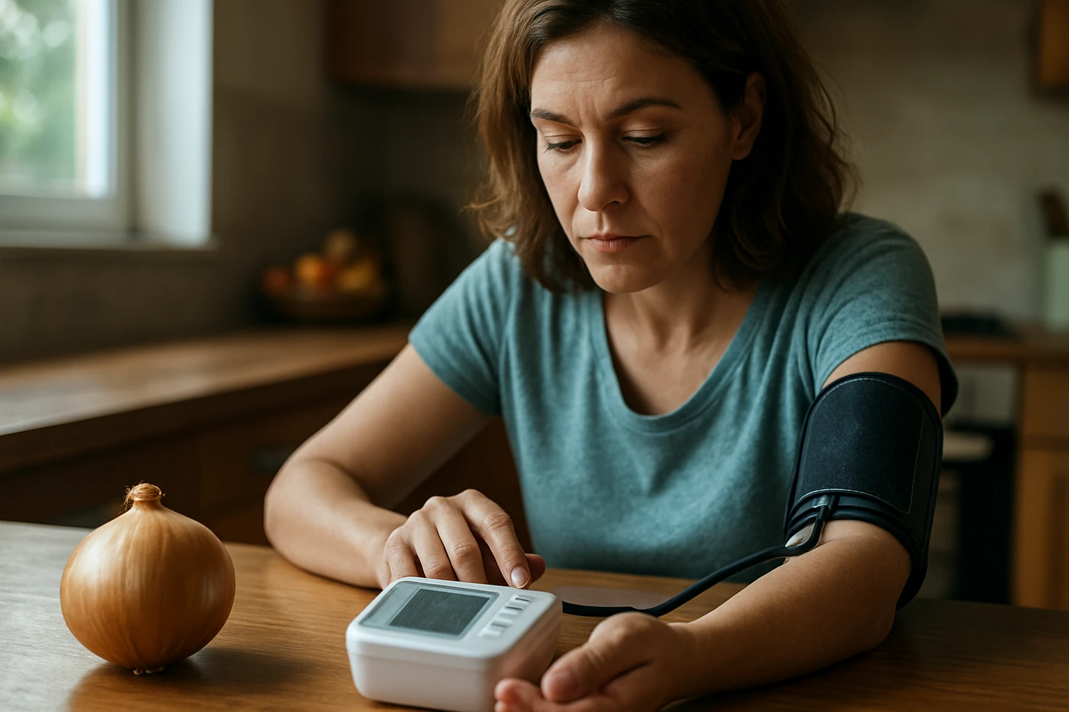 Egy nő vérnyomásmérőt használ a konyhában, mellette egy hagyma.