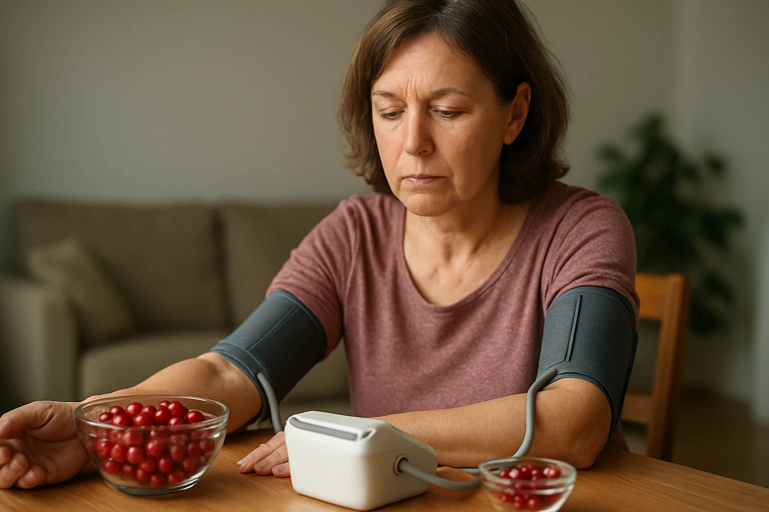 Egy nő vérnyomását méri otthon, mellette piros bogyók egy tálban.