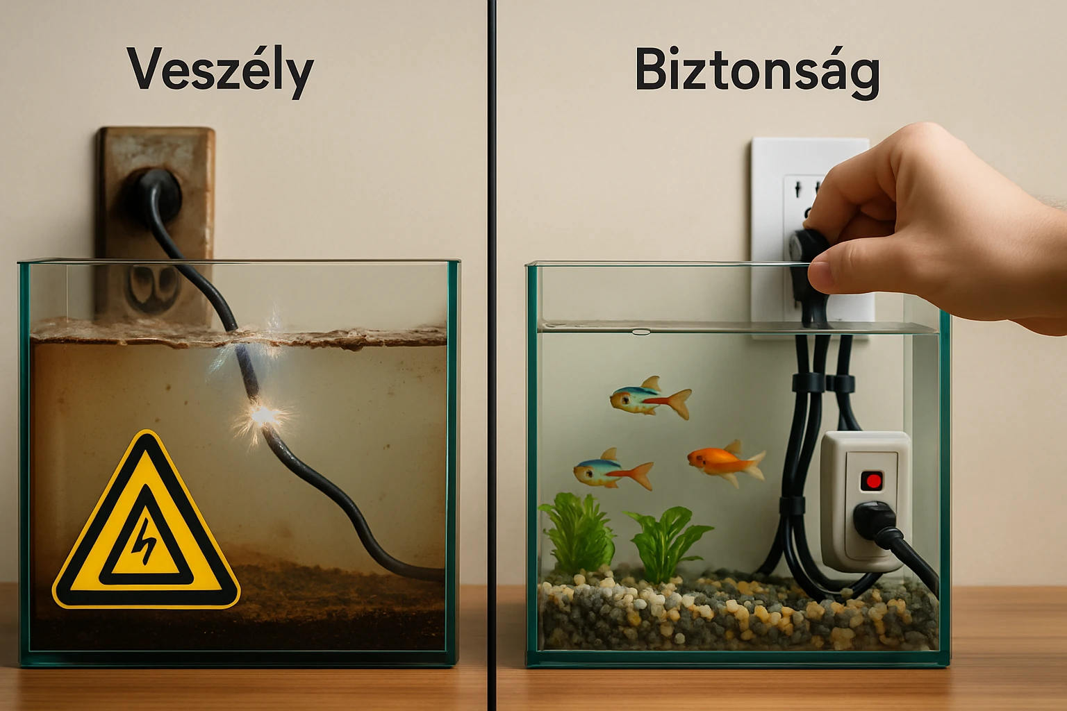 Két akvárium, az egyik veszélyes állapotban, a másik biztonságos, halakkal.