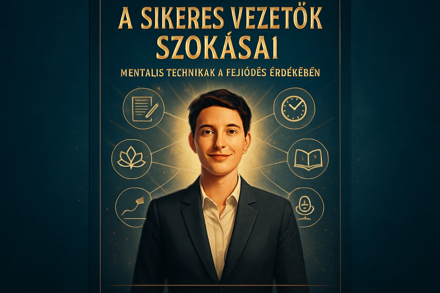 Egy fiatal férfi mosolyog, mögötte vezetői szokásokat szimbolizáló ikonok láthatók.