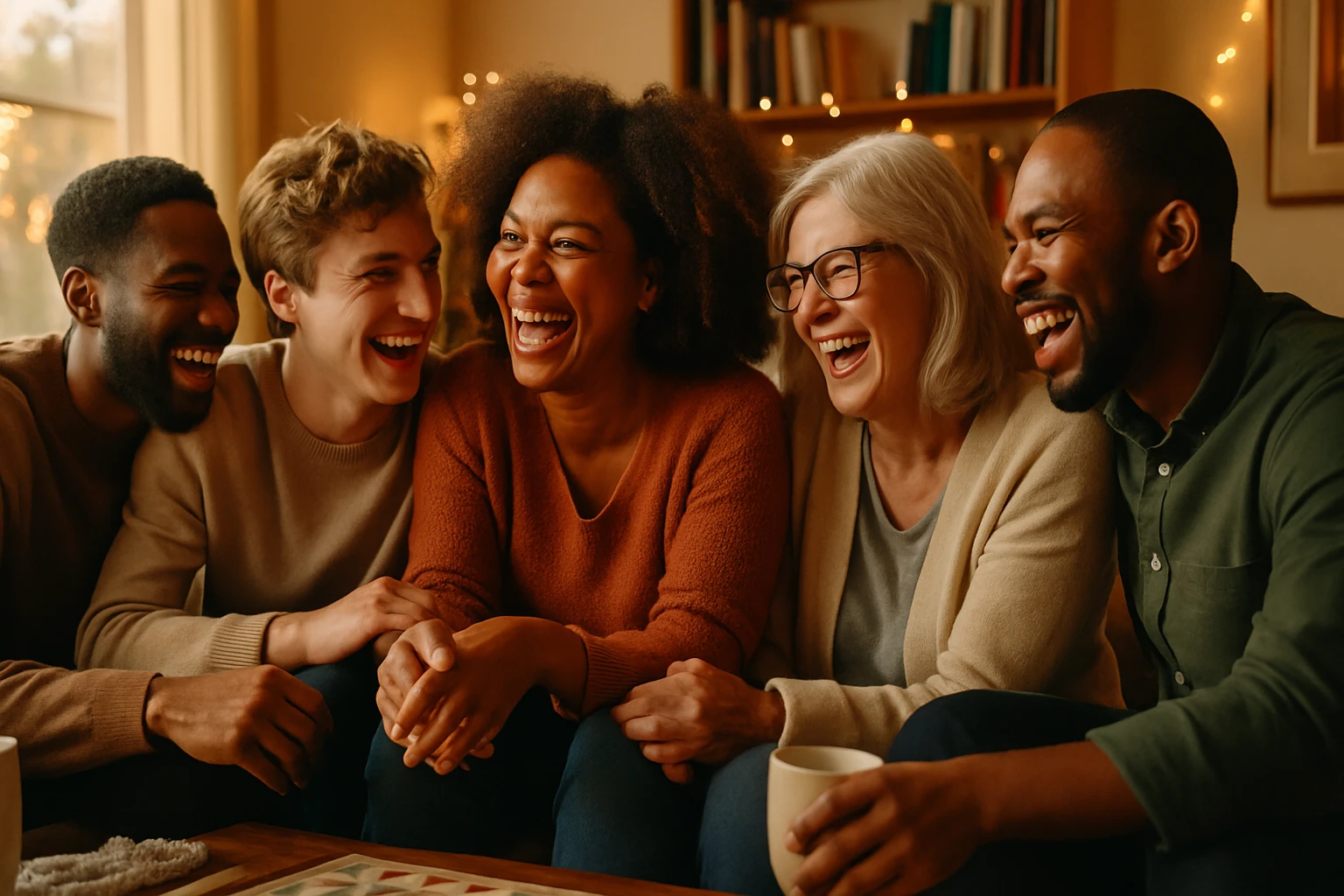 Öt ember nevetve ül egy kanapén, baráti hangulatban.