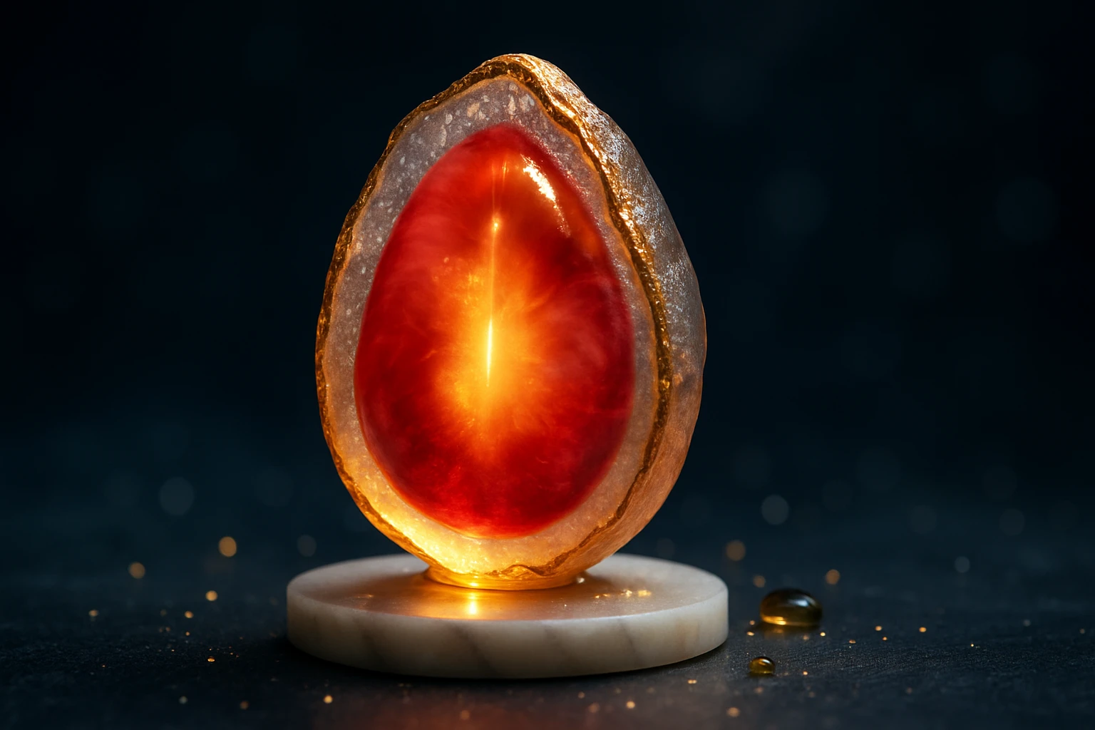 Egy gyönyörű, piros színű, világító kristály, amely egy fehér márvány talapzaton áll.