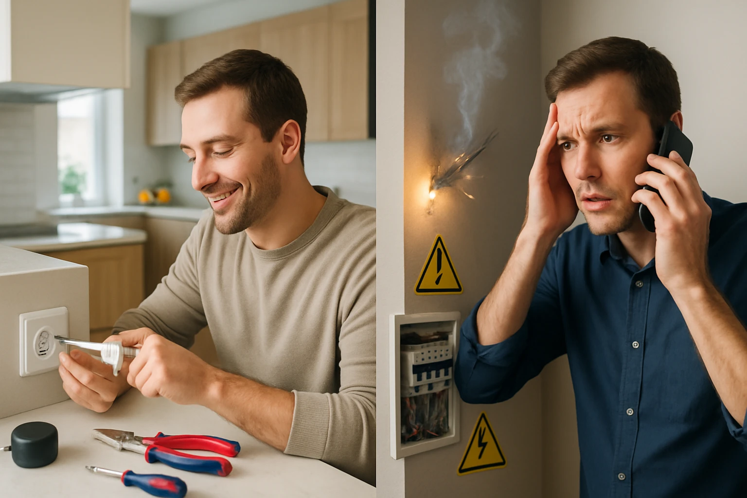 Egy férfi villanyszerelési munkát végez a konyhában, miközben egy másik férfi pánikban telefonál.