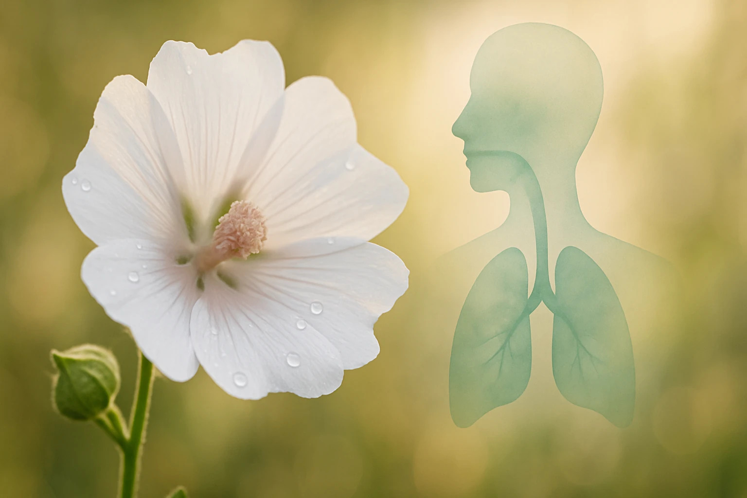 Egy fehér virág, cseppekkel a szirmain, háttérben egy emberi alak tüdőkkel.