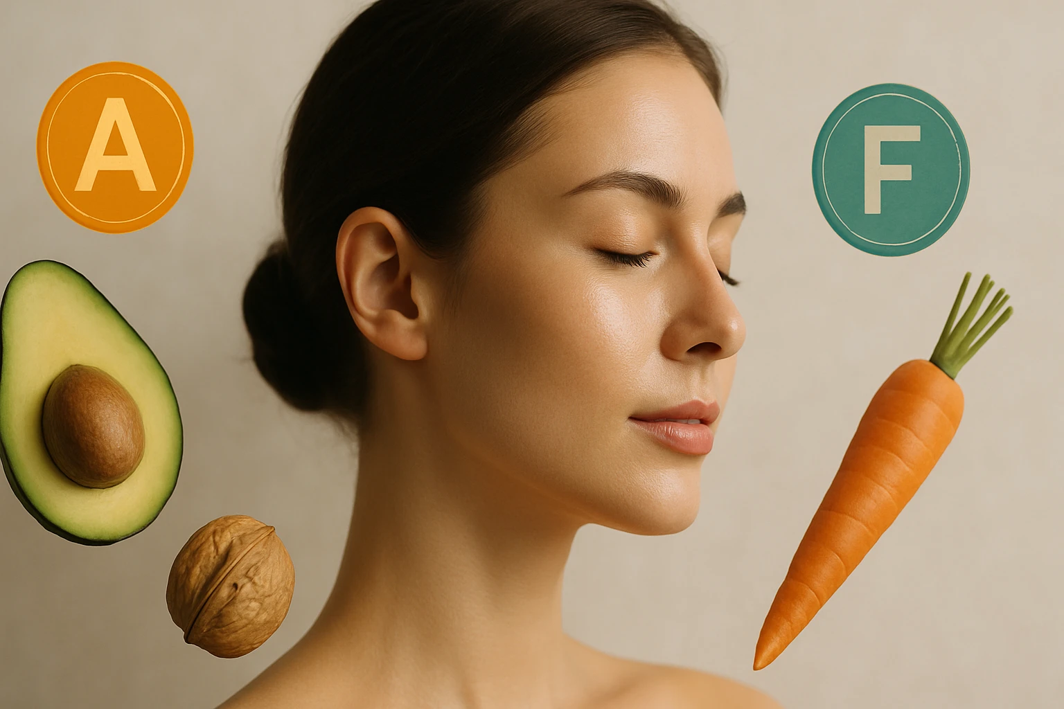 Egy nő arca, mellette avokádó, dió és sárgarépa, vitaminokkal jelölve.