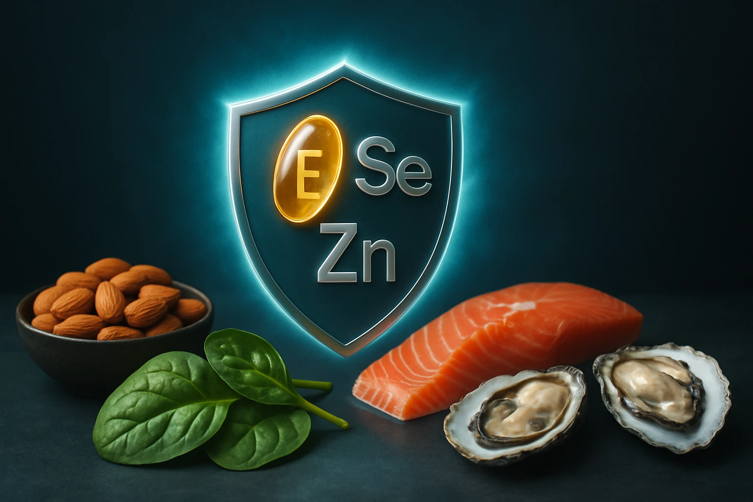 Egy tányéron mandula, spenót, lazac és osztriga, vitaminokkal díszítve.