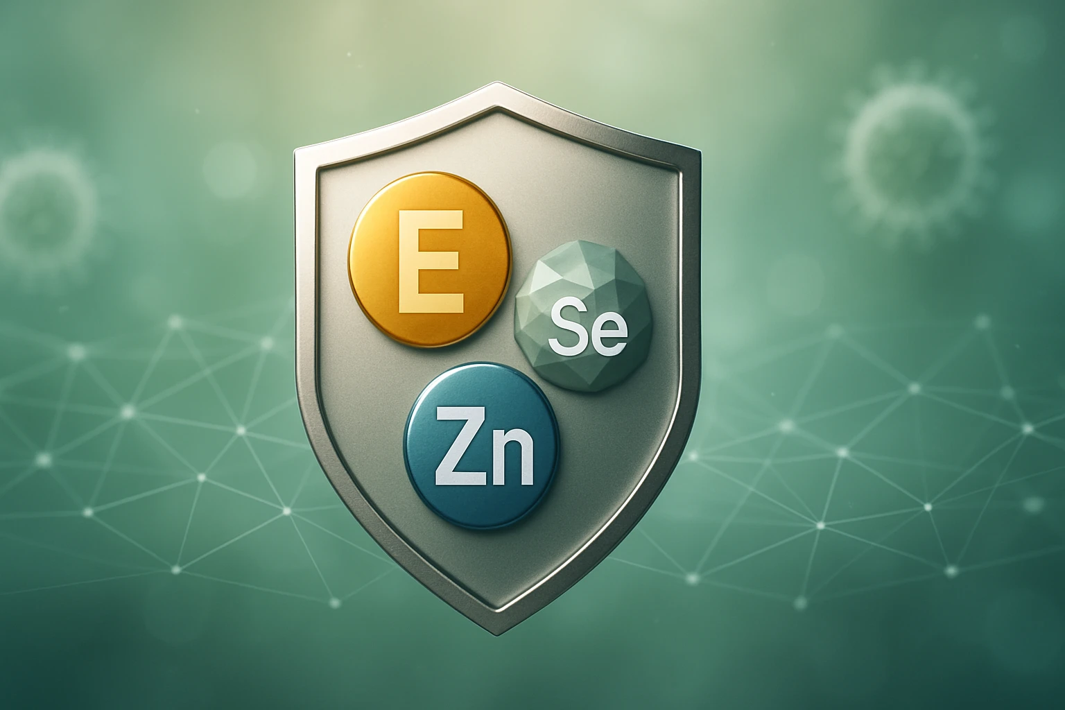 Egy pajzs, amelyen az E, Se és Zn vitaminok és ásványi anyagok szimbólumai láthatók.