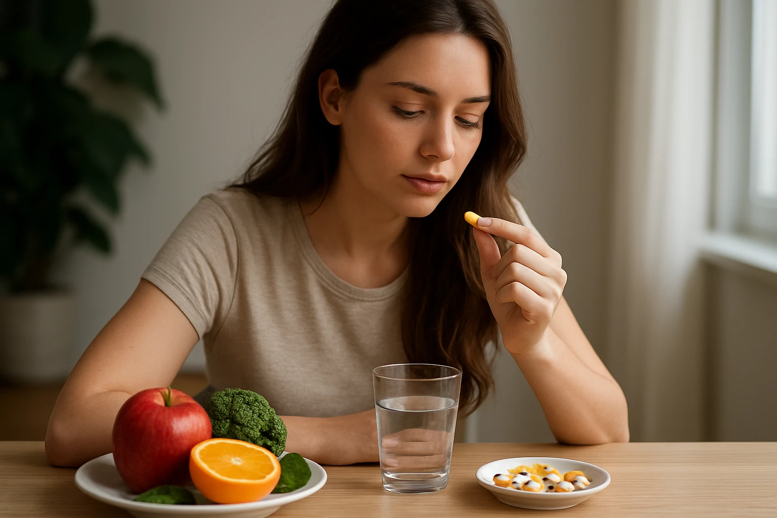 Egy fiatal nő vitaminokat néz, miközben gyümölcsök és zöldségek vannak előtte.