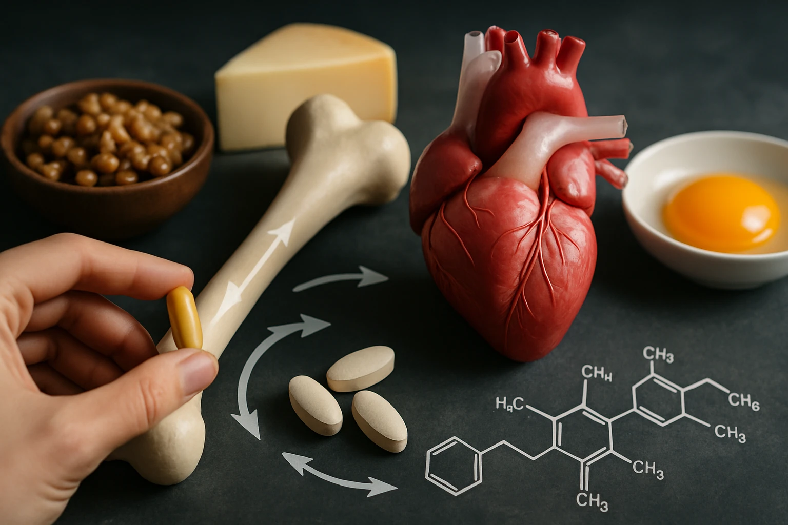 Egy kéz vitamin kapszulát tart, mellette szív, csont, tojás és ételek láthatók.
