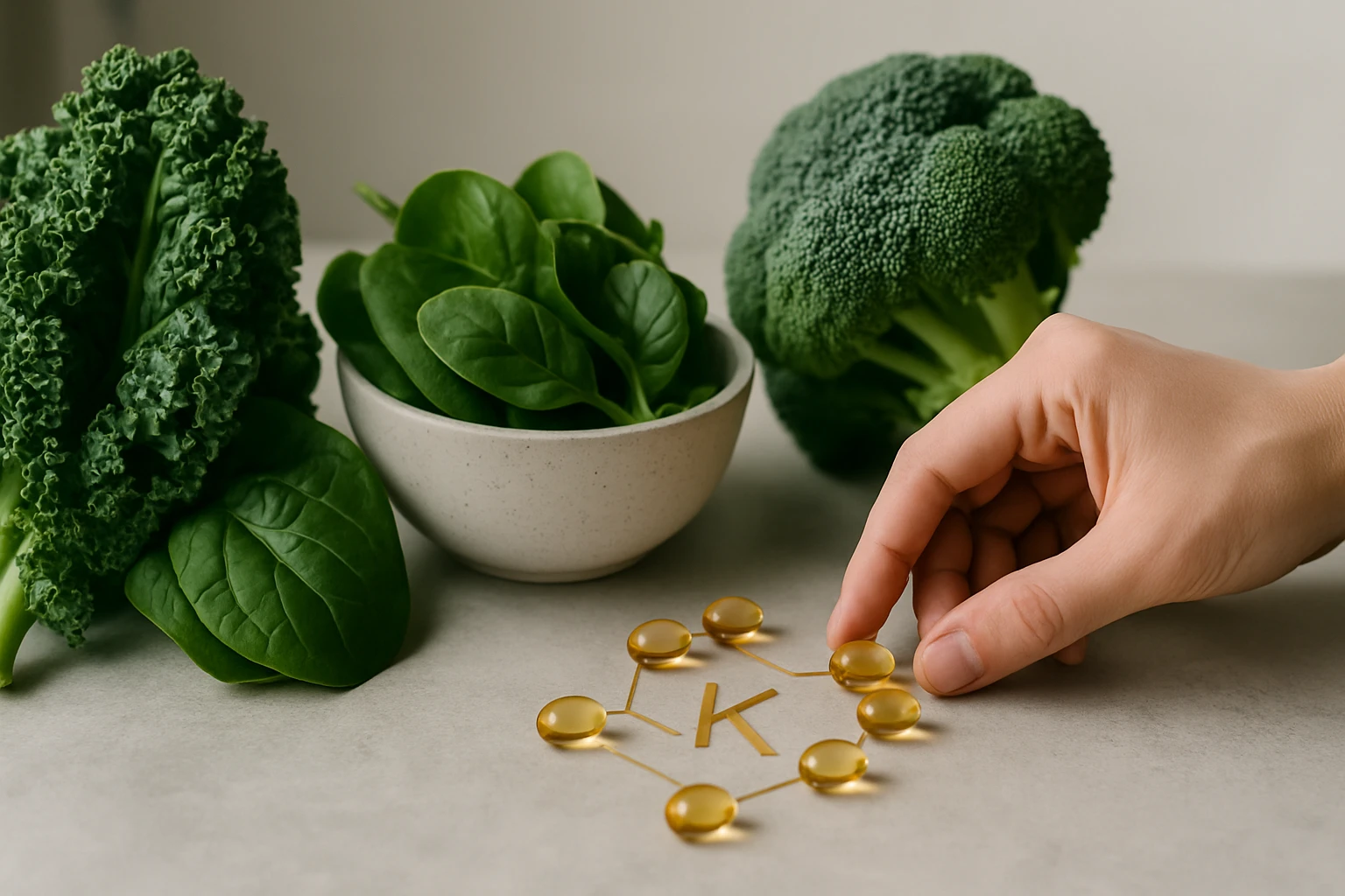 Zöldségek, mint a brokkoli és spenót, valamint vitamin kapszulák egy kézen.