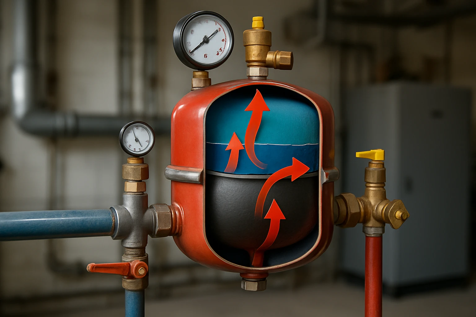 Egy víztartály, amelyben a víz és a levegő áramlását mutató nyilak láthatók.