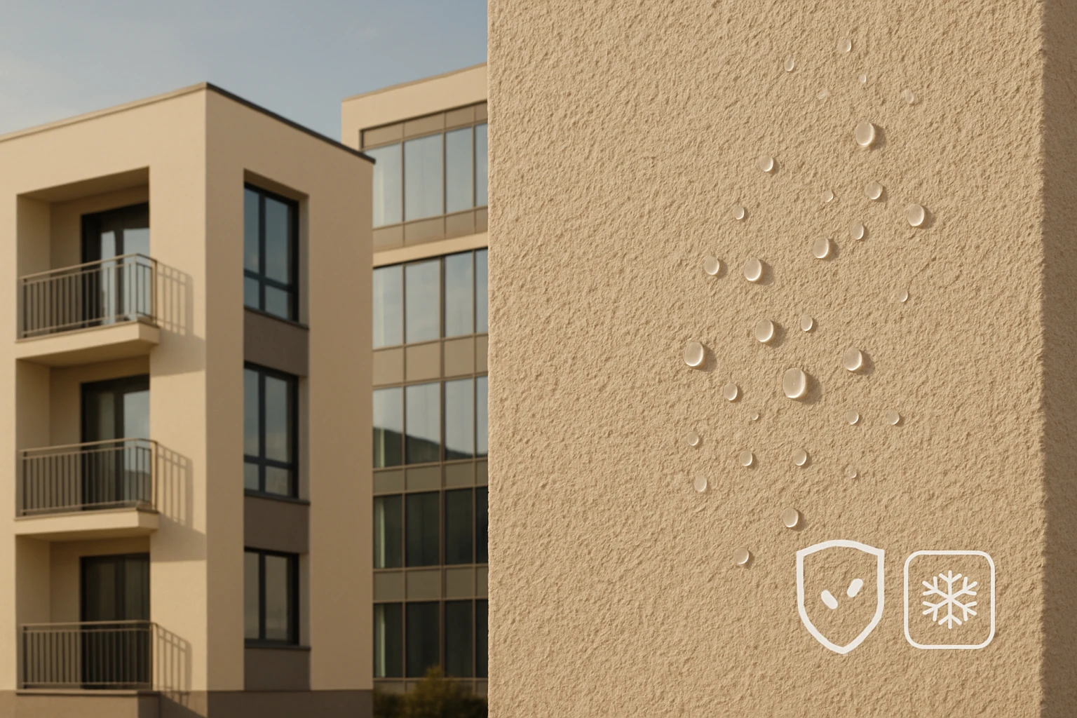 Egy modern épület falán vízcseppek láthatók, a háttérben üvegfelületek.