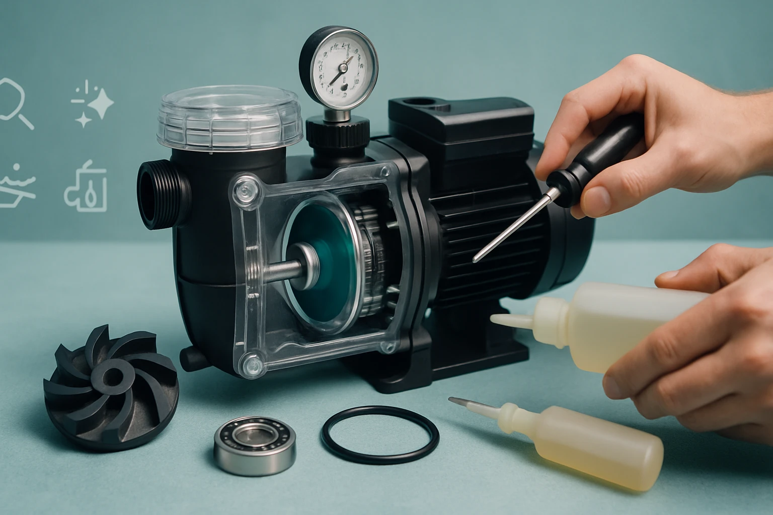 Egy vízpumpa, amelyet éppen karbantartanak, olajjal és szerszámmal.