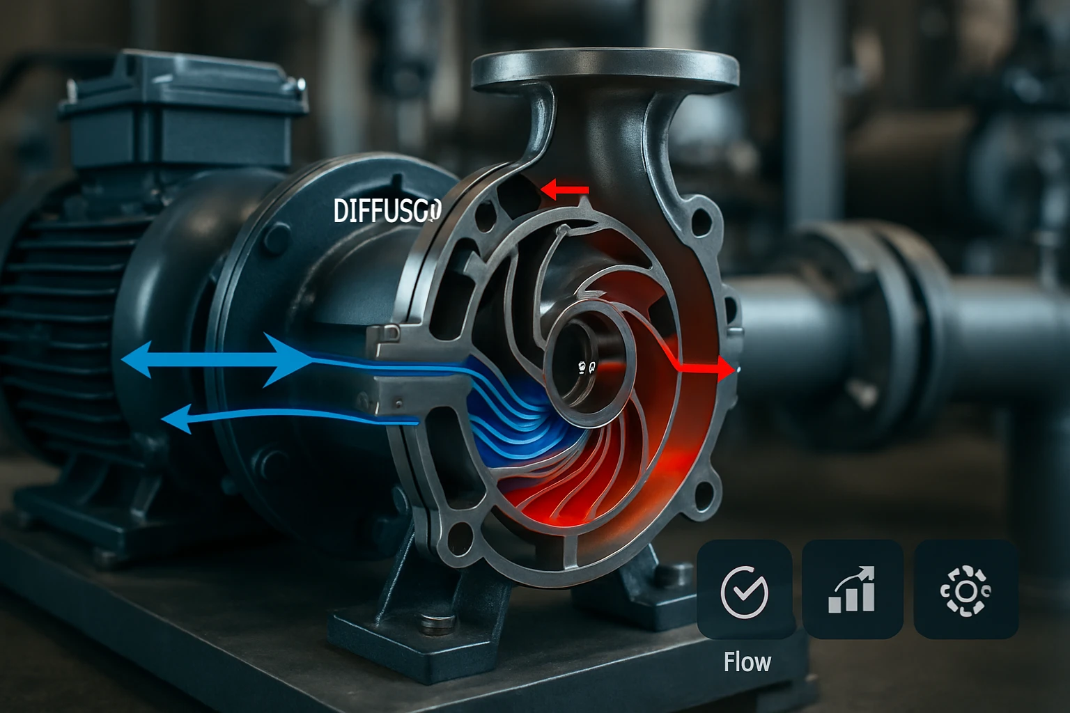 Egy vízpumpa belső szerkezete, amely bemutatja a folyadék áramlását.