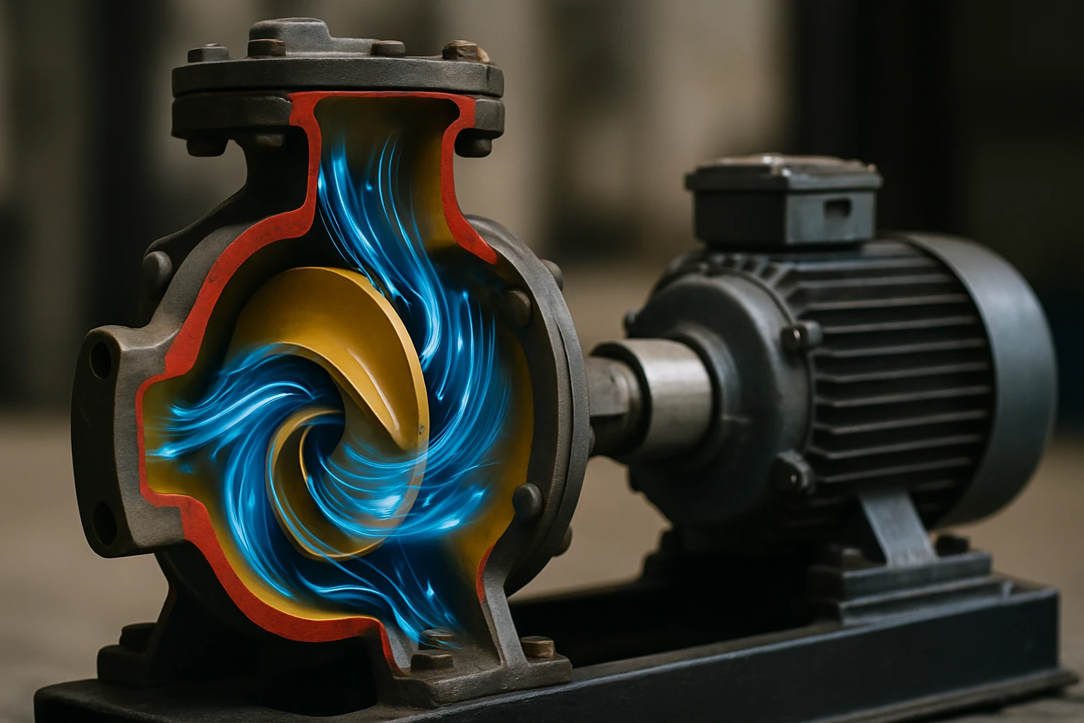 Egy vízpumpa belső szerkezete, amely a folyadék áramlását mutatja.