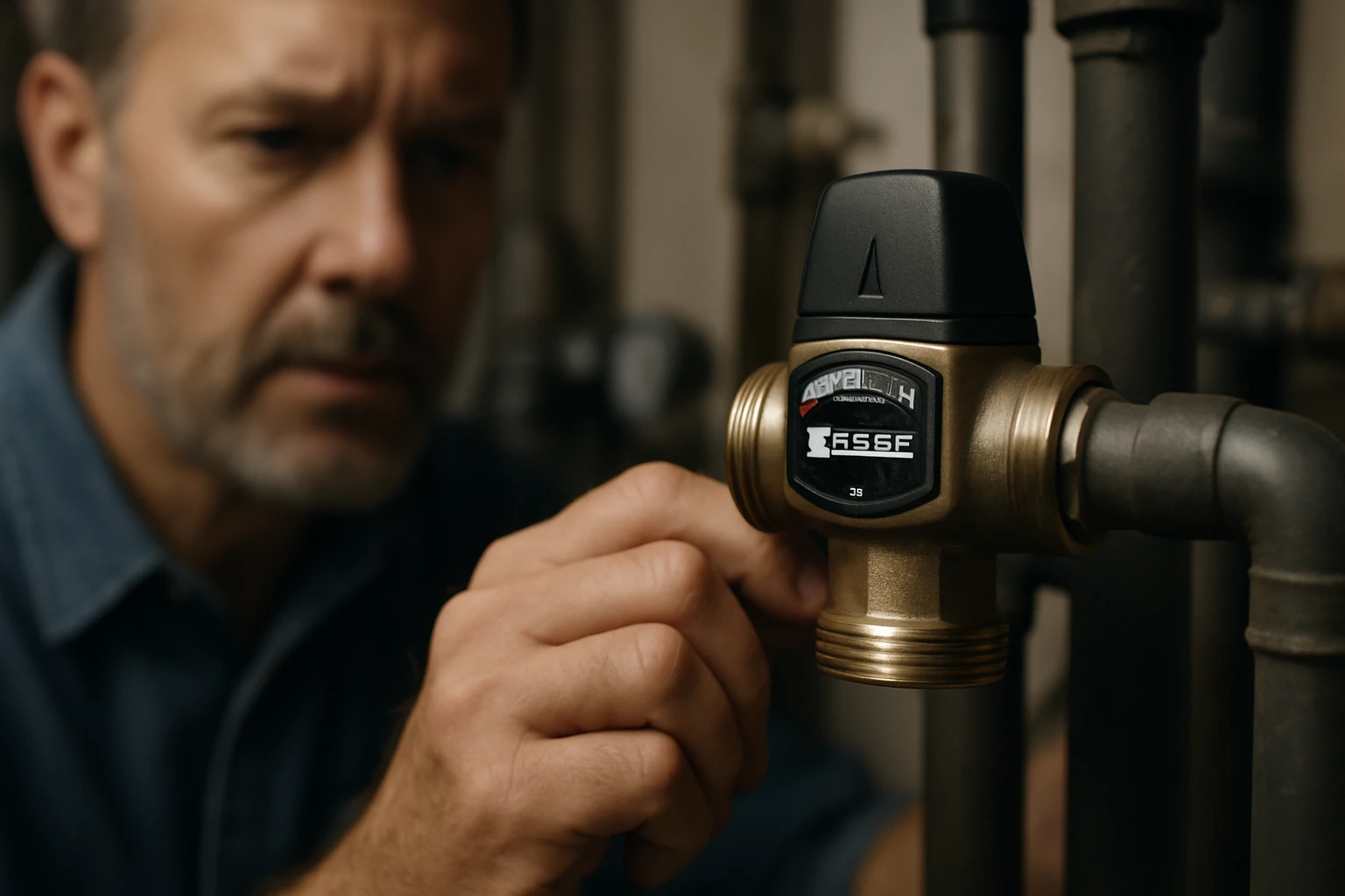 Egy férfi a vízvezeték rendszer egy részén dolgozik, figyelmesen állítja a mérőt.