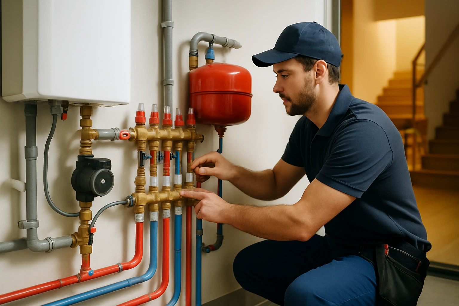 Egy férfi vízvezeték-szerelő a csöveken dolgozik, figyelmesen ellenőrzi a rendszert.