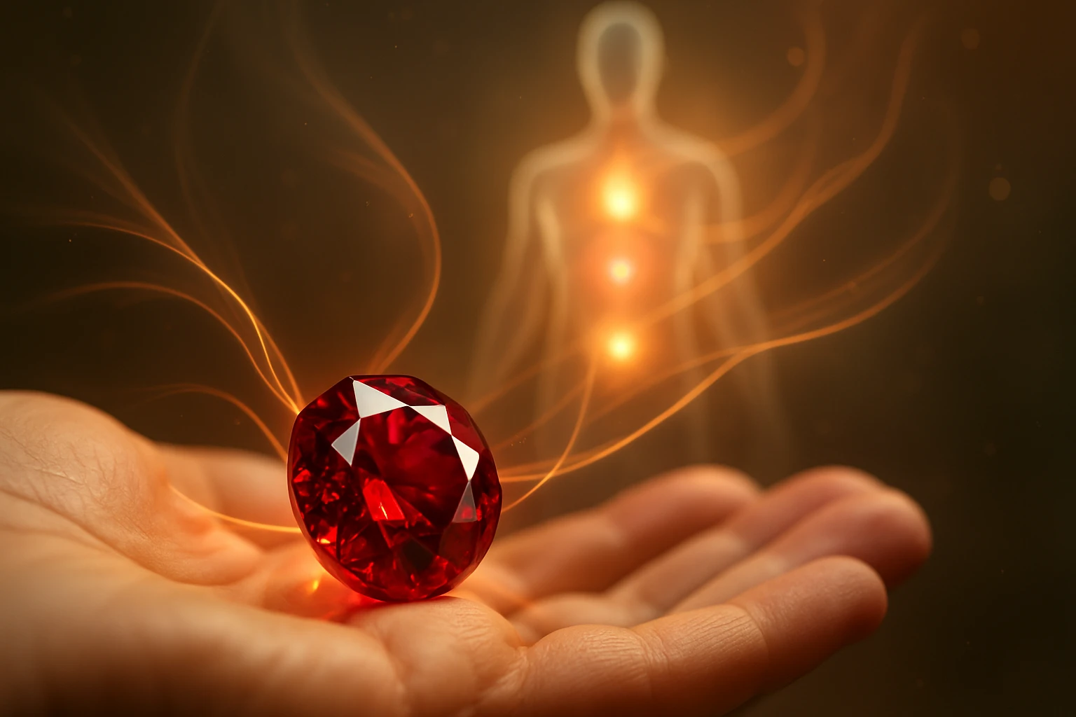 Egy kézben tartott vörös drágakő, mögötte fénylő emberi alak.