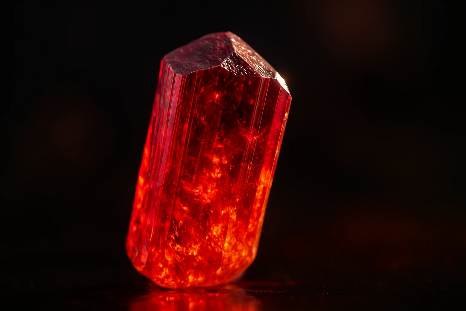 Egy fényes, vörös kristály, amely a sötét háttér előtt áll.