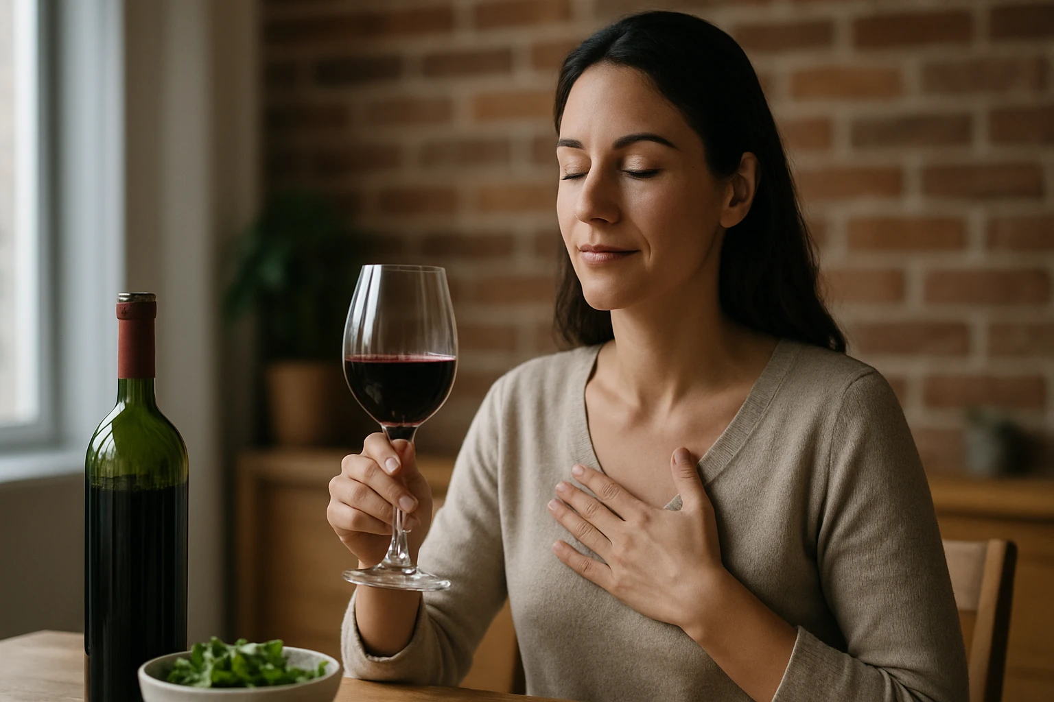 Egy nő vörösbort kortyolgat, miközben elégedetten zárja be a szemét.