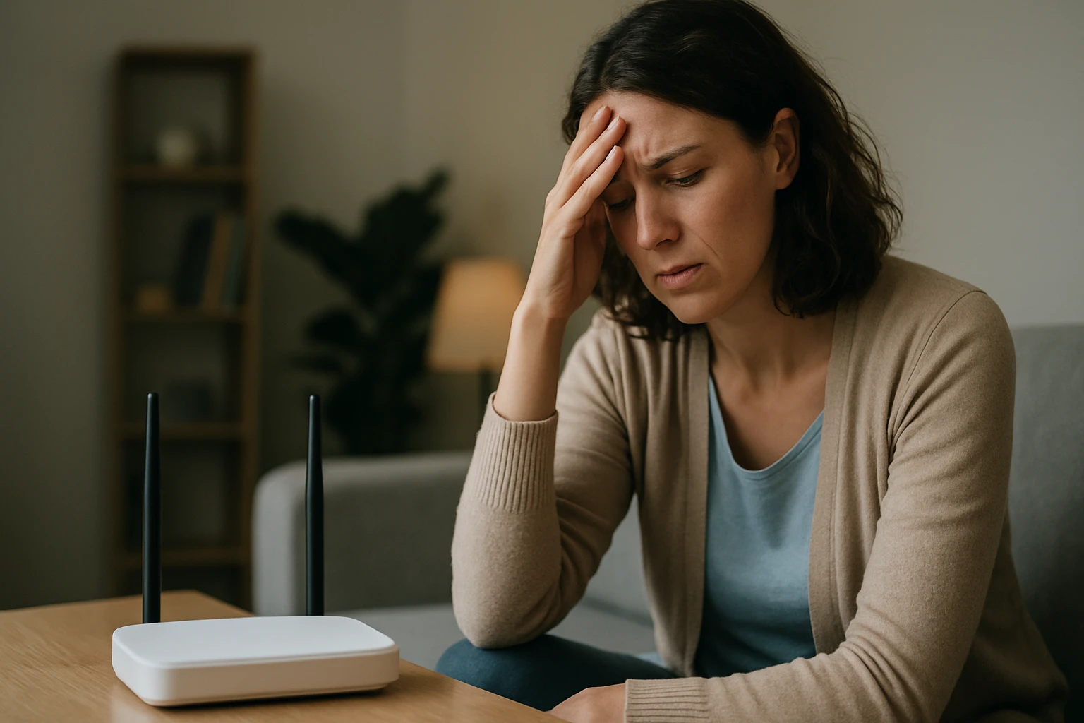Egy nő aggódva néz egy Wi-Fi routerre, miközben a homlokát fogja.