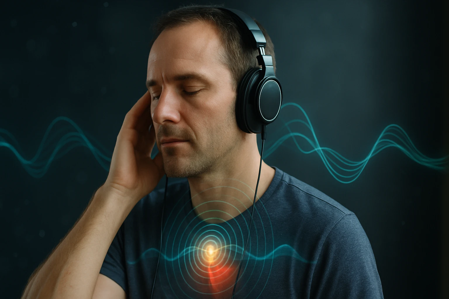 Egy férfi fejhallgatót visel, miközben zenét hallgat, és élvezi a pillanatot.