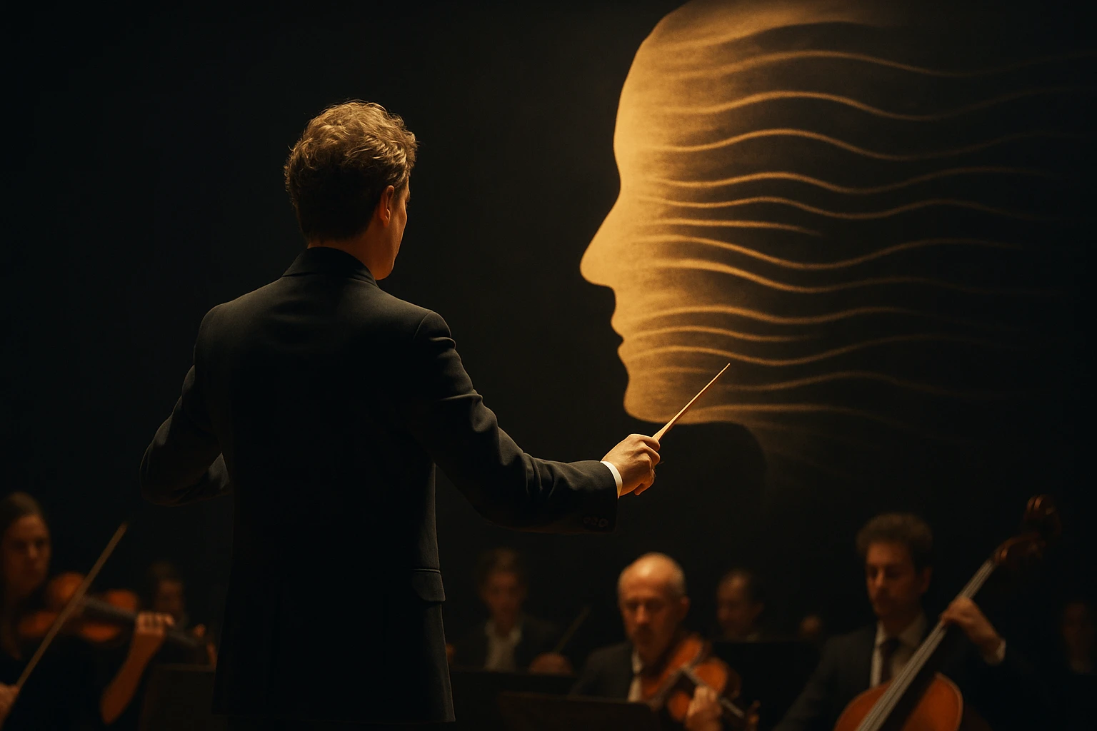 Egy karmester vezényel, háttérben egy stilizált női arc kontúrja látható.