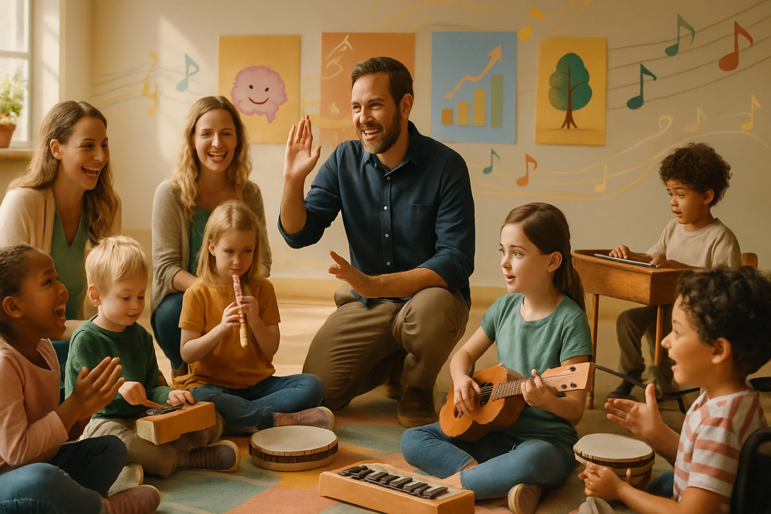 Gyerekek zenélnek és játszanak egy tanár irányításával egy színes teremben.