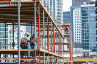 Munkavégzés építkezési csőállványon városi környezetben
