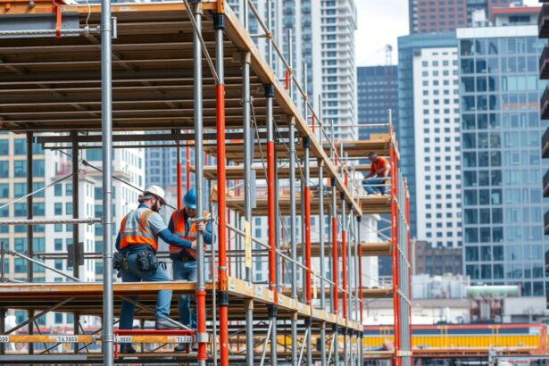 Munkavégzés építkezési csőállványon városi környezetben