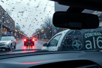 Esőcseppek az autó szélvédőjén városi forgalomban.