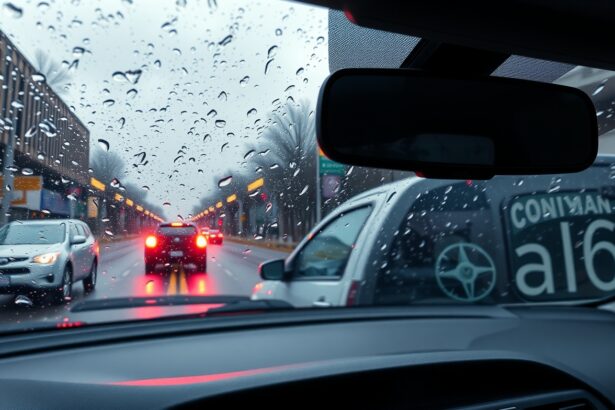 Esőcseppek az autó szélvédőjén városi forgalomban.