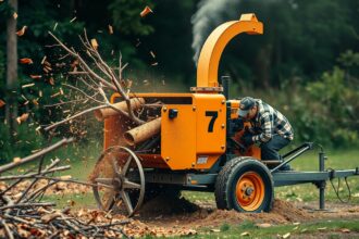 Faaprító gép működés közben, ágak aprítása.