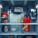 Gázhűtő belső nézet italokkal és ételekkel a polcokon