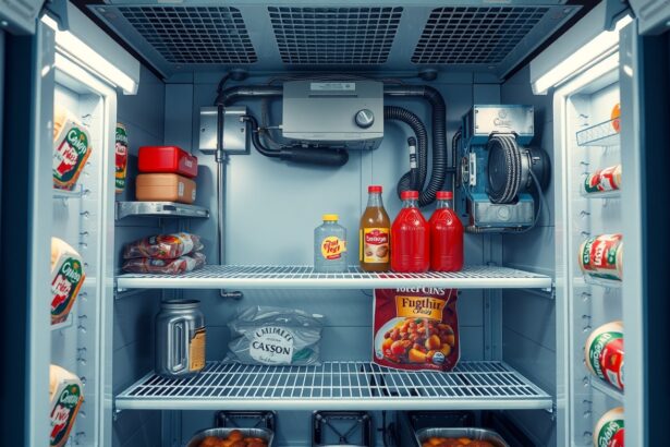 Gázhűtő belső nézet italokkal és ételekkel a polcokon