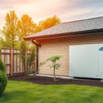 Geotermikus hőszivattyú egy ház mellett, környezetbarát fűtési megoldás.