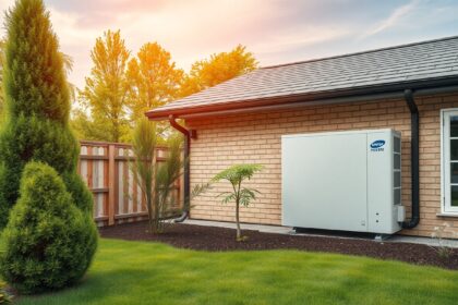 Geotermikus hőszivattyú egy ház mellett, környezetbarát fűtési megoldás.