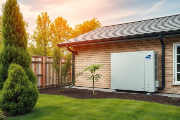 Geotermikus hőszivattyú egy ház mellett, környezetbarát fűtési megoldás.