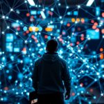 Személy egy digitális hálózat előtt, felfedezve a modern kapcsolatokat.
