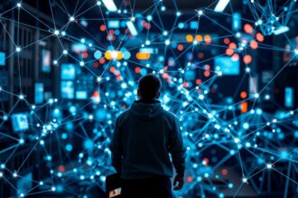 Személy egy digitális hálózat előtt, felfedezve a modern kapcsolatokat.
