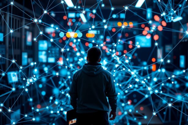 Személy egy digitális hálózat előtt, felfedezve a modern kapcsolatokat.
