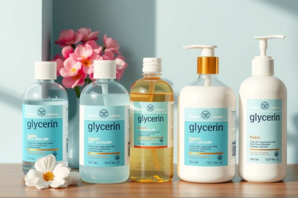 Különböző glicerin alapú hidratáló termékek asztalon virágokkal