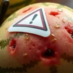 Görögdinnye figyelmeztető jelzéssel, hidratáló és egészségi kockázatokkal.