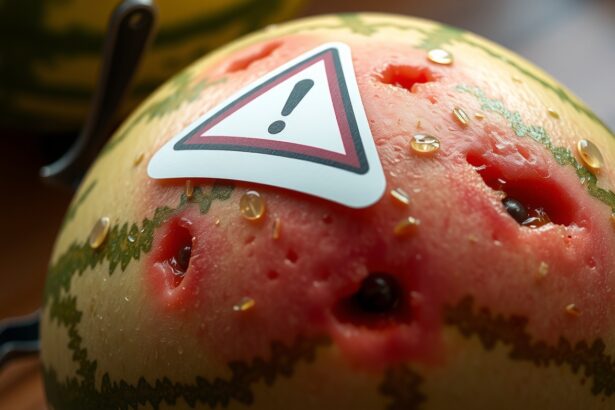 Görögdinnye figyelmeztető jelzéssel, hidratáló és egészségi kockázatokkal.