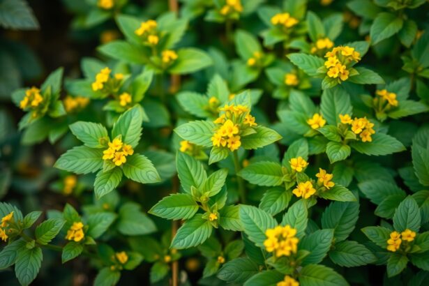 Görögszéna növény virágokkal és zöld levelekkel