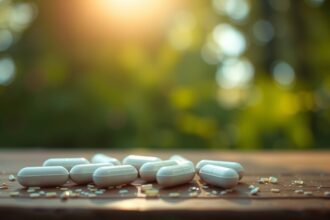 Grandaxin kapszulák egy faasztalon, napfényes háttér előtt.