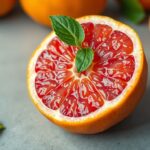 Friss grapefruit szelet, zöld levéllel díszítve az asztalon.